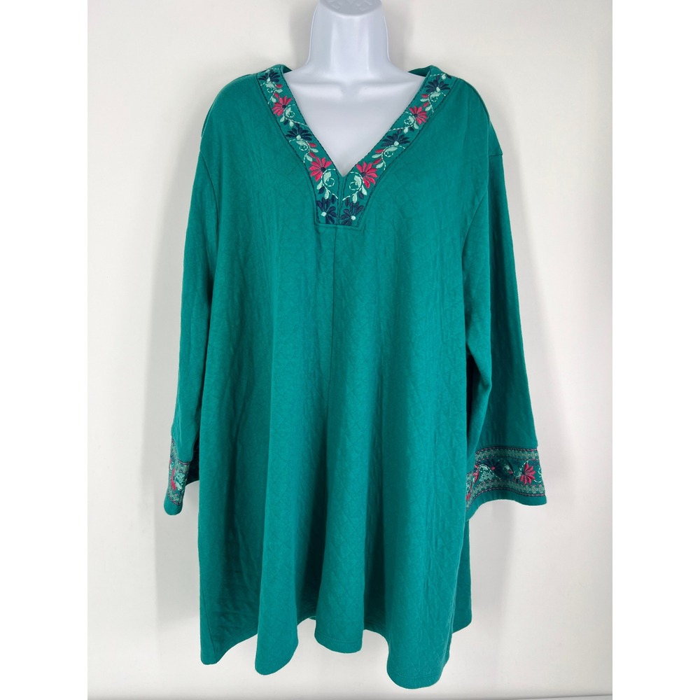 Soft Surroundings Teal Quilted Embroidered V-Neck Tunic Top Plus Size 3X Womens
